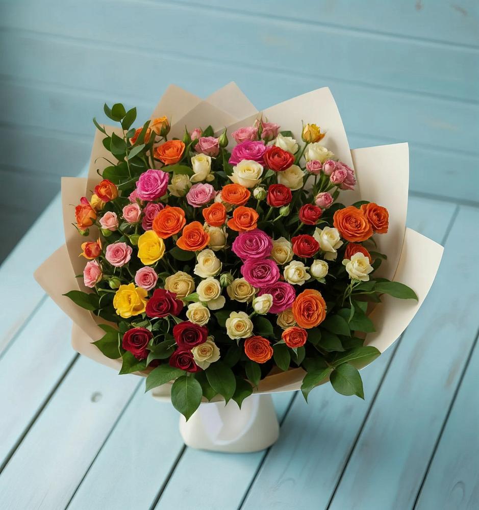 Букет Микс из разноцветных кустовых роз в Сигаево