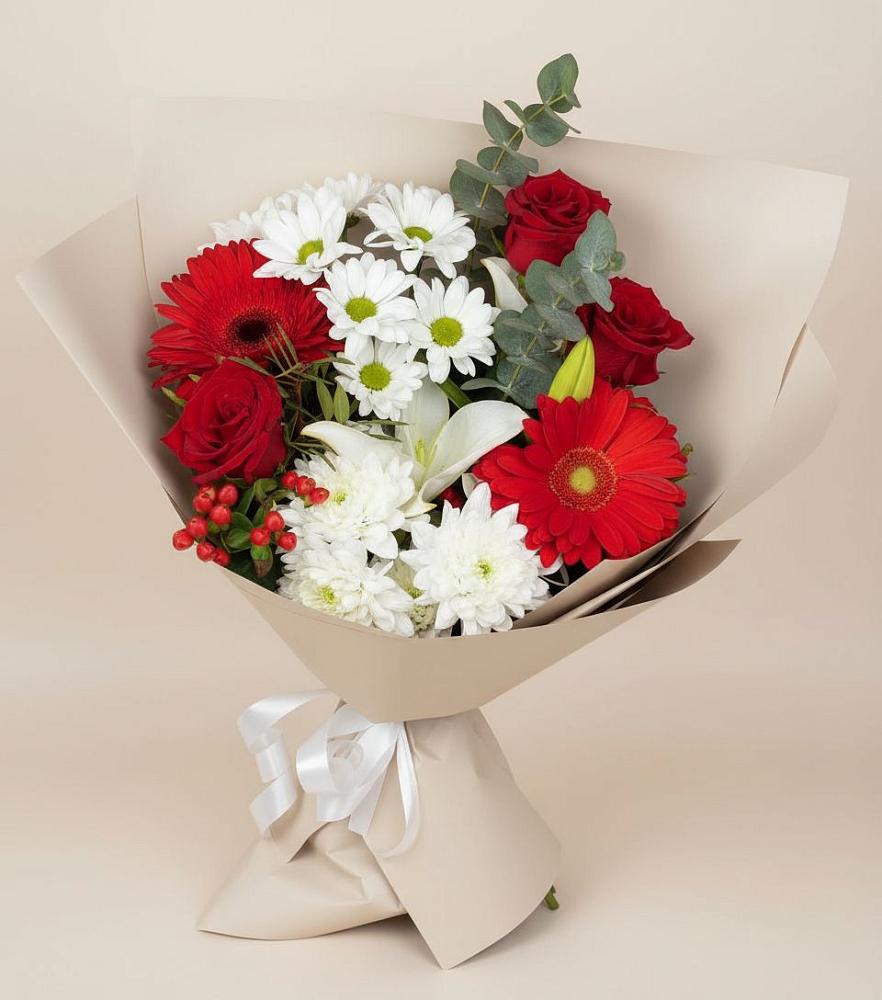 Букет цветов из: Розы, Хризантемы, Герберы и Лилии в Сигаево
