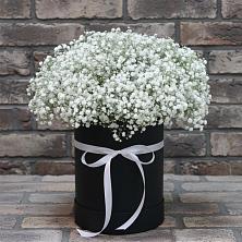 Цветочная композиция из Гипсофила в шляпной коробке в Сигаево