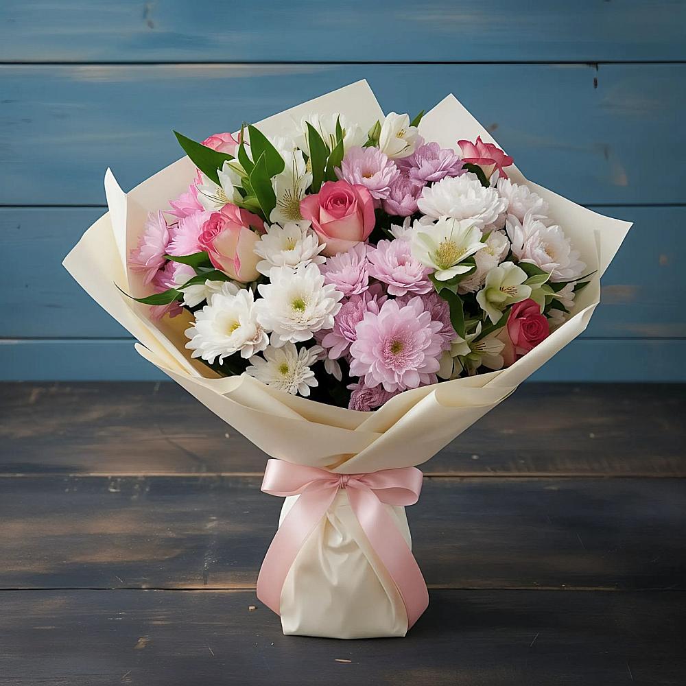 Букет цветов из: Хризантемы, Альстромерии и Розы в Сигаево